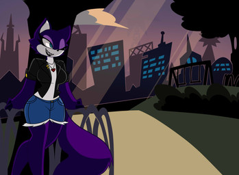 anthro blue_eyes bottomwear city city_background clothed clothing denim denim_bottomwear denim_clothing denim_shorts female fur jacket long_tail one_eye_closed park purple_body purple_fur sharp_teeth shorts smile solo sunset tail teeth topwear nelljoestar giennah_(nelljoestar) canid canine fox mammal 2017