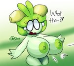 big_breasts breasts dolliv elemental_creature female flora_fauna generation_9_pokemon humanoid hyper nintendo nipples non-mammal_nipples plant pokemon pokemon_(species) simple_background solo unfortu-nate