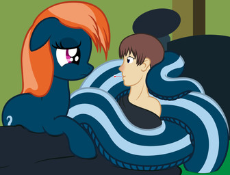 bed coiling cuddling duo female furniture hair ill male orange_hair scientific_instrument serpentine thermometer weather_instrument what_has_magic_done badumsquish hasbro my_little_pony anon fan_character generic_messy_hair_anime_anon kalianne equid equine horse human hybrid mammal pony reptile scalie snake 2016 hi_res