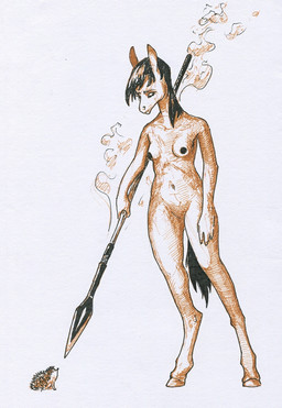 anthro breasts female hooves melee_weapon nude nude_anthro polearm simple_background smoke solo spear tail unguligrade weapon adeptus-monitus equid equine eulipotyphlan hedgehog horse mammal pony traditional_media_(artwork)
