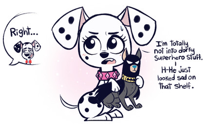 black_nose blue_eyes blush blush_lines character_plushie collar dog_plushie female feral floppy_ears fur heterochromatic_ears holding_object holding_plushie male markings mole_(marking) pink_collar plushie solo text white_body white_fur higglytownhero 101_dalmatian_street 101_dalmatians dc_comics disney krypto_the_superdog warner_brothers ace_the_bat-hound dallas_(101_dalmatians) dylan_(101_dalmatians) triple_d_(101_dalmatians) canid canine canis dalmatian domestic_dog mammal english_text