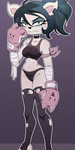 3_toes anthro arm_wraps athletic athletic_female blue_hair boxing_gloves bra breasts choker clothed clothing cute_fangs eyeshadow fangs feet female gloves hair handwear jewelry legwear looking_at_viewer makeup navel necklace notched_ear occult_symbol paws pentagram ponytail pupils purple_background simple_background slit_pupils solo spiked_gloves spikes sports_bra stirrup_legwear stirrup_stockings stockings symbol teeth toes torn_clothing torn_legwear torn_stockings underwear underwear_only wraps barryfactory cartoon_hangover the_summoning claire_(the_summoning) domestic_cat felid feline felis mammal 2024 absurd_res full-length_portrait hi_res portrait