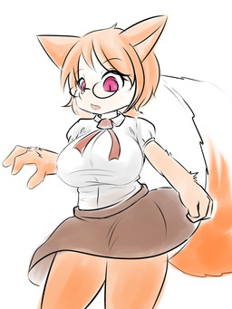 anthro big_breasts bottomwear breasts brown_body brown_fur brown_hair clothed clothing eyewear female fur glasses hair looking_down open_mouth pupils raised_tail red_eyes shirt simple_background skirt slit_pupils solo tail topwear white_background white_body white_fur tailzkim canid canine fox mammal 2015 3:4 absurd_res hi_res
