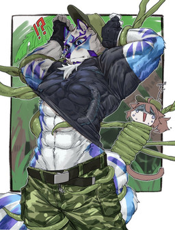 abs anthro biceps clothing duo fur interrobang male military_uniform muscular muscular_anthro muscular_male pecs striped_body striped_fur stripes tentacles tentacles_on_male undressing uniform vine_tentacles kzy_r9877 lifewonders live_a_hero cat_operator protagonist_(live_a_hero) sadayoshi canid canine canis domestic_dog mammal hi_res