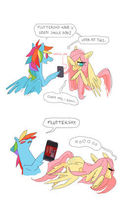 bangs blue_body blue_eyes cellphone dialogue duo electronics feathered_wings feathers female feral flying hair holding_object holding_phone hooves looking_at_another looking_away mane multicolored_mane phone pink_eyes pink_hair pink_mane rainbow_mane smartphone speech_bubble text white_sclera wings yellow_body pocketss friendship_is_magic hasbro my_little_pony mythology fluttershy_(mlp) rainbow_dash_(mlp) canid canine canis domestic_dog equid equine mammal mythological_creature mythological_equine pegasus comic english_text hi_res