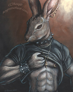 abs ankh anthro biped black_collar brown_background brown_eyes clothed clothing clothing_lift collar ear_piercing facial_piercing jewelry leather male muscular muscular_anthro muscular_male navel necklace nipple_piercing nipple_ring nipples nose_piercing nose_ring piercing ring_piercing septum_piercing septum_ring shirt shirt_lift simple_background solo spiked_collar spikes standing topwear rog_minotaur playboy hare lagomorph leporid mammal rabbit 2000