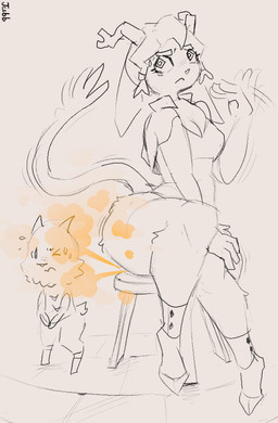 ambiguous_gender anthro antlers big_butt blush bodily_fluids bottomless bottomless_anthro breasts butt cleavage clothed clothing duo embarrassed fanning fanning_nose fanning_self fart fart_cloud fart_fetish farting_on_another female female_focus floppy_ears furniture hooves horn larger_female leaning leaning_sideways looking_away lop_ears nervous one_eye_closed orange_fart_cloud sitting size_difference smaller_ambiguous stool sweat sweatdrop tail thick_thighs wide_hips jubb pseudoregalia butler_(pseudoregalia) sybil_(pseudoregalia) bovid caprine felid feline goat hybrid jackalope lagomorph leporid mammal rabbit 2026 digital_drawing_(artwork) digital_media_(artwork) greyscale monochrome signature sketch spot_color