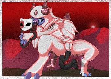 abdominal_bulge all_the_way_through anus black_cum black_eyes black_tentacles blue_anus blue_body blue_skin blue_vulva blush bodily_fluids claws colored_cum corruption cracked_horn creepy_face cum disturbed eyelashes female feral fluffy fur genital_fluids genitals glowing glowing_genitalia grass horn horror_(theme) infection intestinal_bulge mask moon mountain oral oral_penetration penetration plant red_background red_glow red_moon scales scary sex shaking simple_background smile solo spikes tail tears tentacle_penetration tentacle_sex tentacles under_control unusual_bodily_fluids unusual_cum unusual_genital_fluids vaginal vaginal_penetration vulva white_body white_fur lewd_lorraine nintendo pokemon lorraine_(absol) absol generation_3_pokemon pokemon_(species) hi_res watermark