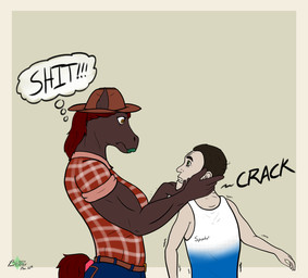 accident accidental_death amber_eyes anthro back_pockets belt belt_buckle biceps biped blue_clothing blue_shirt blue_topwear bottomwear bound breasts broken_neck brown_body brown_fur brown_hair buckle butt clenched_teeth clothed clothing cowboy_hat death denim denim_bottomwear denim_clothing duo female fingers frown fur green_eyes green_lipstick hair hat head_turned headgear headwear holding_another horse_ears jeans lips lipstick long_hair looking_at_another makeup male muscular muscular_anthro muscular_arms muscular_female neck_muscles neck_snap onomatopoeia pale_skin pants pattern_clothing pattern_shirt pattern_topwear plaid plaid_clothing plaid_shirt plaid_topwear pockets ponytail profanity red_hair red_plaid red_tail scared_eyes shaking shirt simple_background sound_effects standing strong_arms surprised tail tail_tied teeth text thought_bubble topwear touching_face triceps twisted_neck white_body white_clothing white_shirt white_skin white_topwear wide_eyed worried worried_for_other worried_look bbear fake_brand grace_(bbear) equid equine horse human mammal 2026 absurd_res dated digital_drawing_(artwork) digital_media_(artwork) english_text flat_colors half-length_portrait hi_res portrait signature three-quarter_portrait