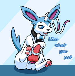 accessory animal_genitalia animal_penis asking asking_viewer balls barefoot bedroom_eyes black_nose blue_background blue_body blue_eyes blue_fur blue_tail bow_ribbon canine_genitalia canine_penis clothing dialogue erection eyebrows eyelashes feet feral fluffy fluffy_tail fur genitals hair_accessory hair_bow hair_ribbon half-closed_eyes ineffective_clothing knot looking_at_viewer male masturbation mostly_nude multicolored_body multicolored_fur narrowed_eyes no_sclera open_mouth open_smile pawpads paws penile penile_masturbation penis pink_pawpads pink_penis pink_tongue presenting presenting_penis question ribbons scarf scarf_only seductive sheath simple_background sitting smile snout solo spread_legs spreading tail talking_to_viewer text tongue two_tone_body two_tone_fur white_balls white_body white_fur white_sheath gau_(artist) nintendo pokemon see_something_you_like canid canine eeveelution generation_6_pokemon mammal pokemon_(species) shiny_pokemon sylveon blue_theme english_text hi_res