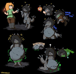abdominal_bulge ambiguous_gender anthro anthro_pred belly big_belly black_hair blep burping burping_up_object claws duo exclamation_point eyes_closed fatal_vore female gem grey_body gulp_(sound_effect) hair hand_on_belly head_first human_prey kneeling licking licking_lips lying musical_note musical_symbol navel neck_bulge open_mouth oral_vore orange_hair question_mark rumbling_stomach same_size_vore simple_background soft_vore standing swallowing symbol tail text tongue tongue_out unwilling_prey vore voonbooned microsoft minecraft mojang pcraft_revorn xbox_game_studios alex_(minecraft) arthropod human insect mammal silverfish 2025 english_text hi_res sequence signature female_(lore)