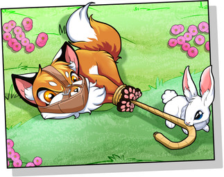 angry bdsm bondage bound challenge chibi countershading dipstick_tail duo feral feral_bondage flower fur gag gagged grass inner_ear_fluff markings muzzle_(object) muzzled orange_eyes outside pawpads paws plant rope tail tail_markings tuft white_body white_fur raptorroper canid canine fox lagomorph leporid mammal rabbit hi_res