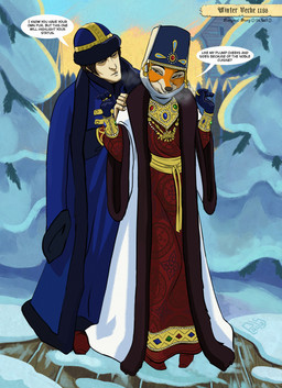 anthro armlet cloak clothing coat covered_in_snow dialogue duo female footwear fur_coat gem hat headdress headgear headwear jewelry male narrowed_eyes necklace nobleman noblewoman outside plant regalia sash shoes snow standing topwear tree winter winter_coat sir_paulus lisabeth_(lord_paulus) pavel_(sir_paulus) canid canine canis fox human mammal hi_res