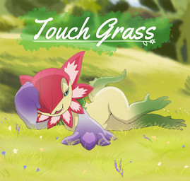 ambiguous_gender anthro flower_(anatomy) grass green_body half-closed_eyes looking_at_viewer narrowed_eyes petals plant purple_body red_body shortstack solo text wide_hips zody300 bandai_namco digimon digimon_(species) floramon english_text