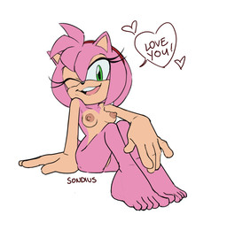 5_fingers 5_toes accessory anthro biped black_nose breasts countershade_face countershade_torso countershading eyelashes feet female female_anthro fingers green_eyes hair_accessory hairband heart_speech_bubble heart_symbol iris nipples nude nude_anthro nude_female one_eye_closed open_mouth open_smile pink_body pink_quills pupils quill_hair red_hairband simple_background sitting smile smiling_at_viewer solo speech_bubble tail tan_body tan_skin toes white_background somedivs sega sonic_the_hedgehog_(series) amy_rose eulipotyphlan hedgehog mammal hi_res