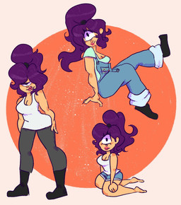 barefoot breasts clothing feet female hair happy lipstick makeup overalls purple_hair smile incantcarnation comedy_central futurama turanga_leela cyclops humanoid hi_res