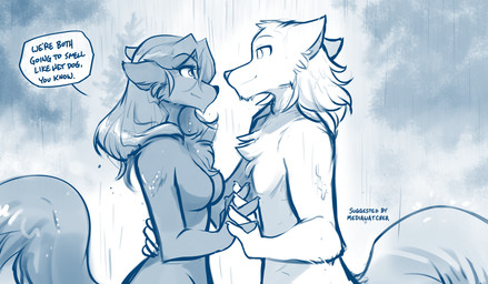alternate_species anthro arm_tuft breasts casual_nudity chest_tuft dialogue duo elbow_tuft face_to_face featureless_breasts female fur furrification hand_behind_back hand_holding hug interlocked_fingers male medium_breasts nude outside raining side_view smile social_nudity text tuft wet wet_body wet_fur conditional_dnp tom_fischbach twokinds maren_taverndatter sythe_(twokinds) canid canine canis keidran mammal wolf 2022 adobe_photoshop_(artwork) blue_and_white digital_media_(artwork) english_text hi_res monochrome sketch