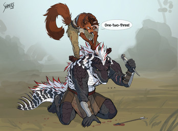 anthro armor arrow_(weapon) arrow_in_back bandage barefoot belt bottomwear bracers brown_body brown_fur chest_wraps claws clothed clothing dialogue duo feet female finger_claws fur hair harness highlights_(coloring) kneeling looking_at_another male outside pants pawpads paws pliers ranged_weapon red_highlights scales scar speech_bubble spiked_tail spikes spikes_(anatomy) standing_on_shoulders tail teeth toe_claws tools topless topless_anthro topless_male weapon whiskers wounded wraps shamerli crocodile crocodilian gulonine mammal marten mustelid musteline reptile sable_(marten) scalie 2024 digital_media_(artwork) hi_res