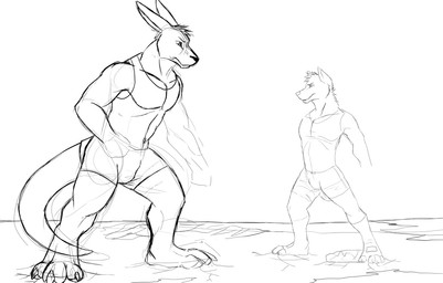 anthro bulge clothed clothing duo ears_back head_tuft macro male male_anthro mouth_closed narrowed_eyes outside pivoted_ears side_view standing tuft solaxe_(artist) solaxe canid canine kangaroo macropod mammal marsupial monochrome sketch
