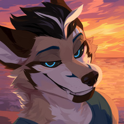 anthro black_hair black_sclera blue_eyes brown_body brown_ears brown_fur cheek_tuft clothed clothing cloud detailed_background facial_tuft fangs fur hair looking_at_viewer male narrowed_eyes neck_tuft outside seaside sky smile solo sunset teeth topwear tuft unsigned white_body white_fur white_hair corzh77 canid canine canis mammal wolf 1:1 absurd_res bust_portrait detailed hi_res icon portrait