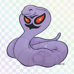 abdominal_bulge ambiguous_gender apode duo eyes_closed feral feral_pred forked_tongue legless long_body purple_body purple_scales scales serpentine simple_background smile soft_vore solo_focus text tongue tongue_out vore makar-ro nintendo pokemon arbok generation_1_pokemon pokemon_(species) 1:1 2025 artist_name hi_res