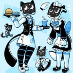 :3 ambiguous_gender angry anthro anthrofied bell bell_collar beverage black_clothing blue_background bottomwear bow_tie burger chibi clothing collar cross-popping_vein disembodied_hand dress_shirt drinking_straw duo flat_tail food food_tray footwear fries frilly frilly_clothing happy headpat holding_object knee_highs knee_socks legwear long_sleeves maid_uniform screen screen_face shirt shoes simple_background skirt socks soda solo_focus tail topwear tray uniform vest waiter white_body white_eyes baronflint pudu_robotics bellabot domestic_cat felid feline felis mammal robot_anthro 1:1 2022 cel_shading english_description full-length_portrait multiple_images portrait shaded