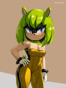 anthro blue_eyes bracelet breasts cleavage clothed clothing ear_piercing eyelashes female frown gloves green_hair hair hair_down hand_on_hip handwear jewelry navel_outline piercing solo studded_bracelet studded_jewelry studs tail text thick_thighs tight_clothing white_clothing white_gloves white_handwear yellow_clothing soranygyart idw_publishing sega sonic_the_hedgehog_(comics) sonic_the_hedgehog_(idw) sonic_the_hedgehog_(series) surge_the_tenrec afrosoricid mammal tenrec 3:4 artist_name hi_res