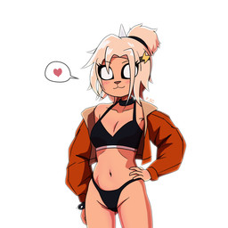 accessory anthro blush blush_lines bracelet breasts choker cleavage clothed clothing collarbone eyelashes female fur hair hair_accessory hair_tie hairpin horn jacket jewelry medium_breasts navel necklace orange_body orange_fur orange_hair ponytail short_ponytail smile solo spiked_bracelet spikes topwear underwear spidercider adventure_time cartoon_network bronwyn_(adventure_time) bear canid canine canis domestic_dog hybrid mammal pup_(adventure_time) rainicorn 1:1 hi_res