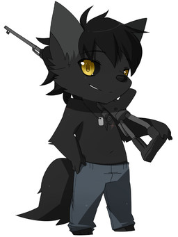 anthro black_nose bottomwear clothing dark dog_tags fur gun hair looking_at_viewer male pants ranged_weapon rifle scar smile solo weapon yellow_eyes dranoko darkwolf_(darkwolfdemon) canid canine canis demon mammal wolf 2013 3:4