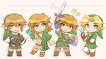 blonde_hair chibi clothing elf entiqua fairy footwear gloves group hair handwear hat headgear headwear holding_object holding_sword holding_weapon humanoid humanoid_pointy_ears hylian light_body light_skin link male melee_weapon navi nintendo not_furry ocarina_of_time open_mouth open_smile shield simple_background skyward_sword smile square_crossover sword tears_of_the_kingdom the_legend_of_zelda triforce twilight_princess weapon