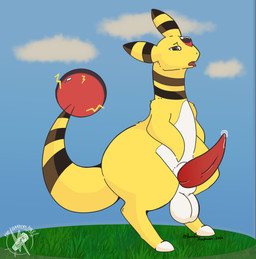 balls big_balls big_butt bodily_fluids butt dripping erection feral fur genital_fluids genitals male open_mouth outside penis precum precum_drip presenting solo solo_focus tail tapering_penis thick_thighs yellow_body yellow_fur nintendo pokemon ampharos generation_2_pokemon pokemon_(species) hi_res