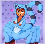 animal_costume blue_clothing blue_onesie breasts cleavage clothed clothed_female clothed_taur clothing crossed_arms eyebrows eyelashes fake_ears female heart_symbol looking_aside markings onesie orange_body orange_skin purple_background ring_(marking) ringed_tail simple_background smile solo striped_markings striped_tail stripes tail tail_markings taur_clothing teeth_showing text zipper a-rinray rinray dreamworks the_bad_guys ms._tarantula_(the_bad_guys) arachnid arachnid_taur arthropod arthropod_taur mygalomorph spider spider_taur tarantula tarantula_taur taur 2022 hi_res