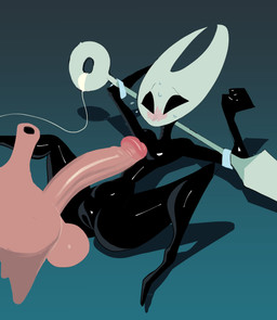 2_horns balls big_glans big_penis biped black_body black_eyes blush bodily_fluids crossgender duo eyebrows female fingers ftm_crossgender genitals glans horn huge_penis humanoid_genitalia humanoid_penis imminent_sex male male/female melee_weapon nervous nude penis standing sweat sweatdrop thread weapon dracreloaded hollow_knight:_silksong hollow_knight_(franchise) team_cherry hornet_(hollow_knight) nuu_(hollow_knight:_silksong) arthropod 2025 absurd_res hi_res