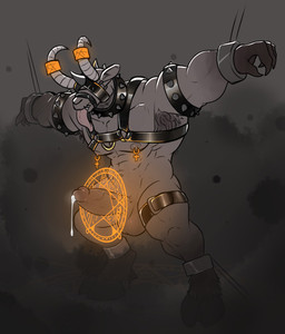 abs anthro armpit_hair big_penis bodily_fluids body_hair bondage_gear bound chain chained covered_eyes cum cum_drip dripping ejaculation erection genital_fluids genitals grey_body harness hooves horn leather leather_harness long_tongue magic magic_circle male muscular muscular_anthro muscular_male muzzle_(object) navel nipple_piercing nipples nude pecs penis piercing solo tongue tongue_out andrefil360 bovid caprine caprine_demon demon goat goat_demon mammal hi_res