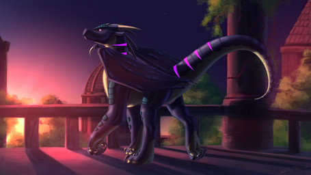 detailed_background female feral genitals looking_back palace raised_leg solo sunset tail vulva conditional_dnp shido-tara mythology dragon mythological_creature mythological_scalie scalie 16:9 widescreen