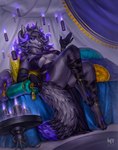 anthro armwear big_breasts breasts candle clothed clothing detailed_background female fire fur furniture hair handwear horn looking_at_viewer nipple_outline nipples smile solo neutral_nt kalysta canid canine demon fox hybrid mammal hi_res