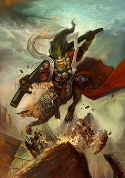 anthro armor barefoot brown_body brown_fur claws cloud day detailed_background feet front_view fur green_hair hair holding_object holding_weapon jumping long_hair male outside sky solo staff weapon lorlandchain journey_to_the_west sun_wukong haplorhine mammal monkey primate