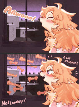 antenna_hair anthro awoo blush blush_lines brown_hair chest_tuft clothing dialogue ear_scar exclamation_point female fluffy fur hair happy howl messy_hair open_mouth open_smile pink_clothing pink_shirt pink_topwear purple_eyes scar shirt side_view smile solo tan_body tan_fur text topwear tuft white_body white_fur window comifur loomy_(comifur) canid canine canis domestic_dog mammal comic english_text hi_res