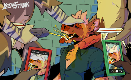 age_difference anthro anthro_on_anthro balls bodily_fluids cellphone clothed clothing detailed_background drinking drinking_urine electronics erection eyes_closed faceless_character faceless_male genital_fluids genitals group hand_on_head holding_penis humanoid_genitalia humanoid_penis jockstrap jockstrap_only male male/male older_male open_mouth peeing peeing_on_another penis penis_through_jockstrap phone public public_nudity recording smartphone solo_focus submissive submissive_male taking_picture tongue tongue_out topless underwear underwear_only urine urine_in_mouth urine_on_tongue watersports yeenstank hyena mammal striped_hyena hi_res