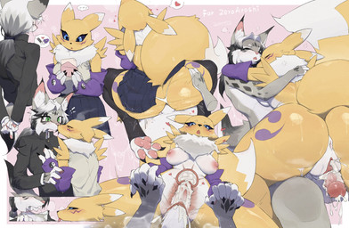 anthro anus areola big_breasts black_sclera blush bodily_fluids breasts butt clothed clothing cum erection female fur genital_fluids genitals male male/female nipples penetration penis sex tail vulva white_body white_fur yellow_body yellow_fur fuli_jeffery bandai_namco digimon digimon_(species) mammal renamon hi_res