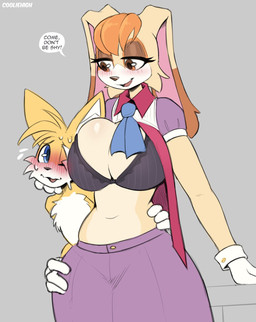anthro big_breasts blue_eyes blush bodily_fluids breasts brown_eyes cleavage clothed clothed/nude clothed_female clothing dialogue duo female fur gloves grey_background hair handwear huge_breasts larger_female male male/female mature_anthro mature_female multicolored_body multicolored_fur navel nude orange_hair simple_background size_difference smaller_male sweat tan_body tan_fur text two_tone_body two_tone_fur white_body white_fur wide_hips yellow_body yellow_fur cooliehigh sega sonic_the_hedgehog_(series) miles_prower vanilla_the_rabbit canid canine fox lagomorph leporid mammal rabbit 2022 english_text hi_res