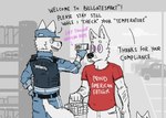2021 anthro canid canine canis clothing conspiracy dialogue english_text father_(lore) father_and_child_(lore) father_and_son_(lore) grocery_store group humor hypnosis male mammal meme mind_control orientation_play parent_(lore) parent_and_child_(lore) parent_and_son_(lore) political_cartoon politics ricthecusco satire security security_guard sexuality_change shirt shopping_basket son_(lore) straight_to_gay text text_on_clothing text_on_shirt text_on_topwear topwear transformation_ray wolf young