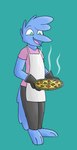 anthro apron baking_tray blue_body blue_feathers clothing feathers fluffy fluffy_hair food green_eyes hair handwear happy male oven_mitts pizza simple_background solo teal_background bluetwigbird twig_(bluetwigbird) avian bird absurd_res hi_res shaded