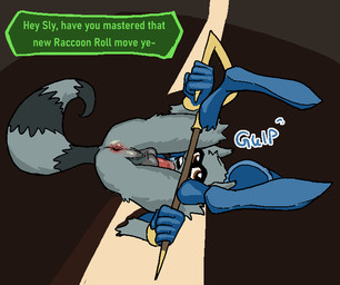 anthro anus autofellatio balls bodily_fluids cane clothing curled_up dialogue feet feet_up genitals gloves gulp_(sound_effect) handwear hat headgear headwear high-angle_view looking_at_viewer lying male markings mask masturbation on_back oral oral_masturbation penile penile_masturbation penis perineum ring_(marking) ringed_tail saliva shoulder_stand solo striped_markings striped_tail stripes swallowing tail tail_markings text hieronymusjohnson sly_cooper_(series) sony_corporation sony_interactive_entertainment sucker_punch_productions sly_cooper mammal procyonid raccoon english_text