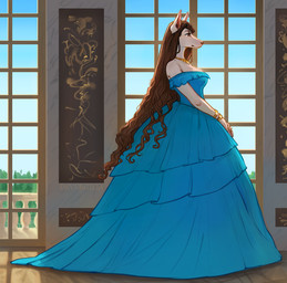 anthro blue_clothing blue_dress breasts brown_hair clothing day dress female gold_(metal) gold_jewelry hair inside jewelry long_hair side_view smile solo white_body window devergilia canid mammal 2025 hi_res