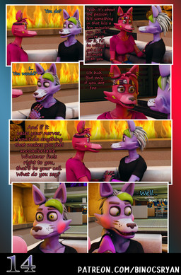 accessory anthro blue_clothing blush clothed clothing crossgender dialogue duo ear_piercing female fingers fire fireplace ftm_crossgender gradient_background green_hair hair headband laugh machine male male/female mtf_crossgender open_mouth piercing simple_background text binocszoomx10 disembowell_(modeler) red-eye_(modeler) five_nights_at_freddy's five_nights_at_freddy's:_security_breach scottgames steel_wool_studios fan_character fanmade_glamrock_foxy_(fnaf) glamrock_foxy_(fnaf) roxanne_wolf animatronic canid canine fox mammal robot 3d_(artwork) comic digital_media_(artwork) english_text hi_res url
