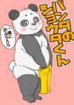 anthro balls belly black_body black_fur blush bulge fur genitals kemono male overweight overweight_male simple_background solo text towel white_body white_fur young young_anthro young_male figaro_(artist) hebokun bear giant_panda mammal 2020 japanese_text