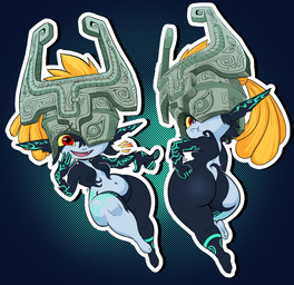 armor big_butt bottom_heavy butt clothing cute_fangs fangs female fused_shadow gesture hand_gesture headgear headwear helmet humanoid_pointy_ears navel not_furry one_eye_obstructed pointing pointy_ears pouting red_eyes shortstack shortstack_female solo teeth wide_hips yellow_sclera iseenudepeople nintendo the_legend_of_zelda twilight_princess midna humanoid imp twili 2026 hi_res