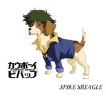 brown_body brown_fur formal fur green_hair hair logo male multicolored_body multicolored_fur simple_background skelinor solo white_background cowboy_bebop spike_spiegel beagle canid canine canis domestic_dog hunting_dog mammal scent_hound character_name hi_res