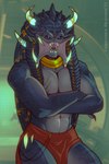 blue_eyes bottomwear braided_hair clothed clothing crossed_arms fangs hair horn loincloth male muscular muscular_male neck_ring open_mouth pseudo_hair scar solo standing teeth tentacle_hair tentacles tongue topless commander_braithor predator_(franchise) izok_(xenoguardian) alien yautja 2021 digital_media_(artwork) hi_res
